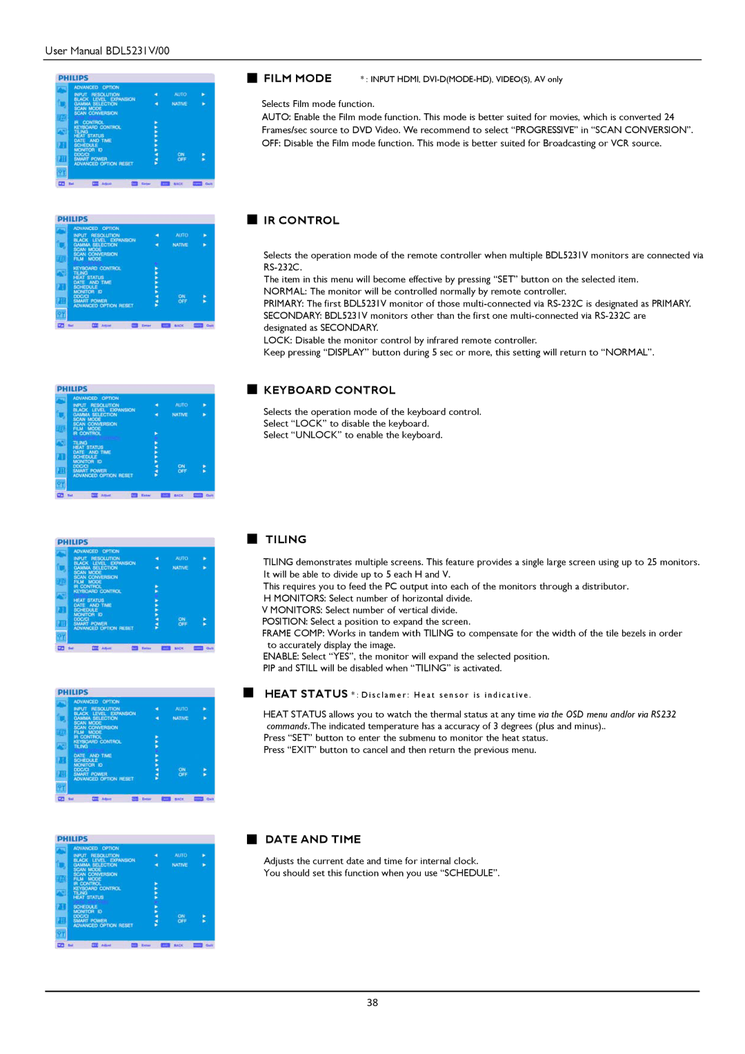 Philips BDL5231V user manual IR Control, Keyboard Control, Tiling, Date and Time 