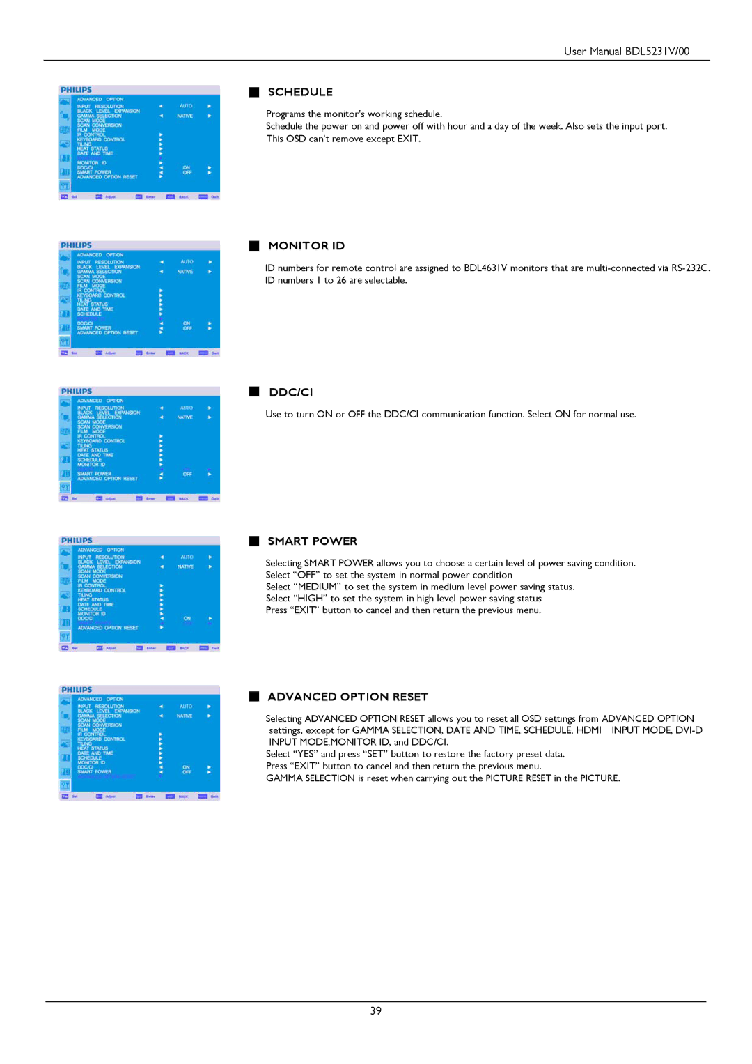 Philips BDL5231V user manual Schedule, Monitor ID, Ddc/Ci, Smart Power, Advanced Option Reset 