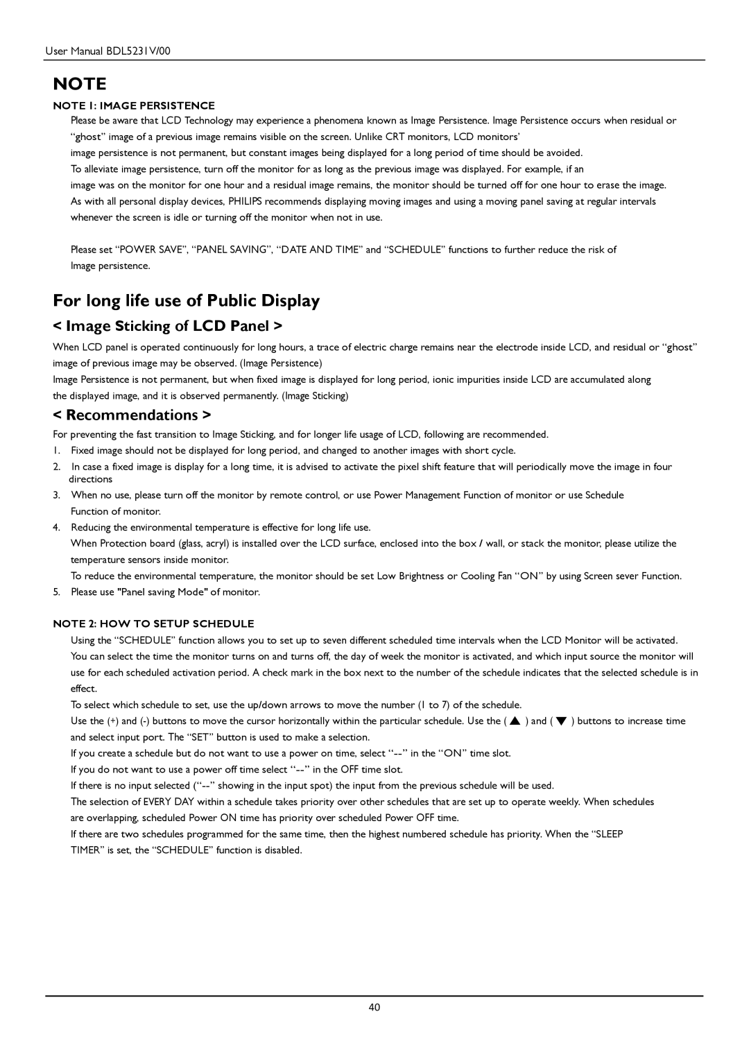 Philips BDL5231V user manual For long life use of Public Display, Image Sticking of LCD Panel, Recommendations 