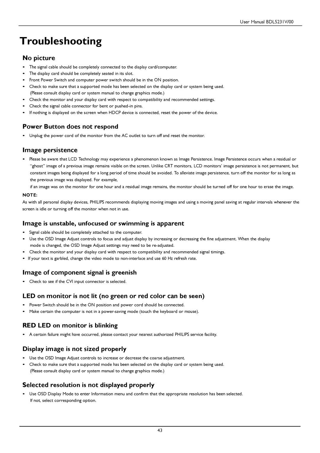 Philips BDL5231V user manual Troubleshooting 