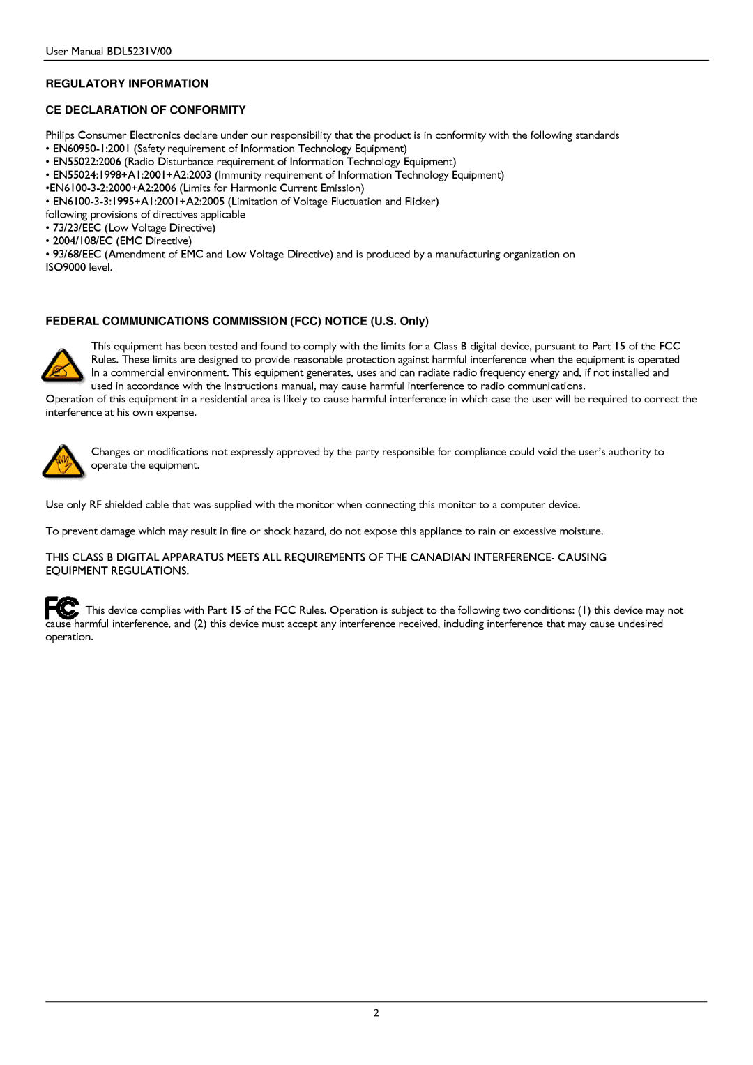 Philips BDL5231V user manual Regulatory Information CE Declaration of Conformity 