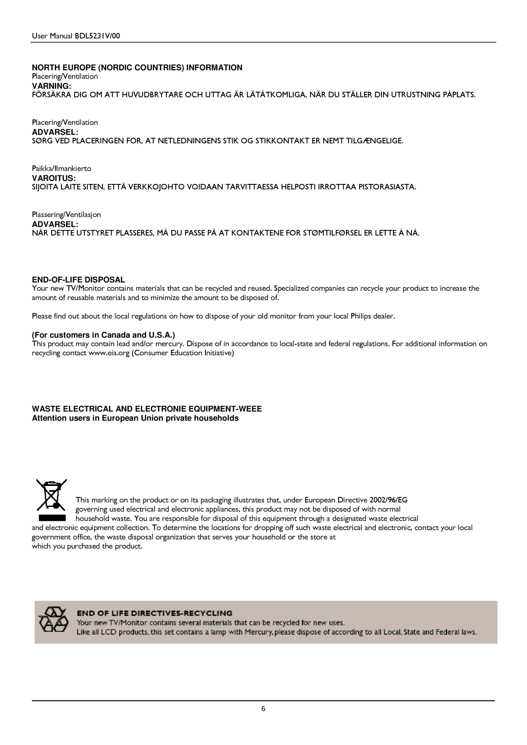 Philips BDL5231V user manual North Europe Nordic Countries Information 