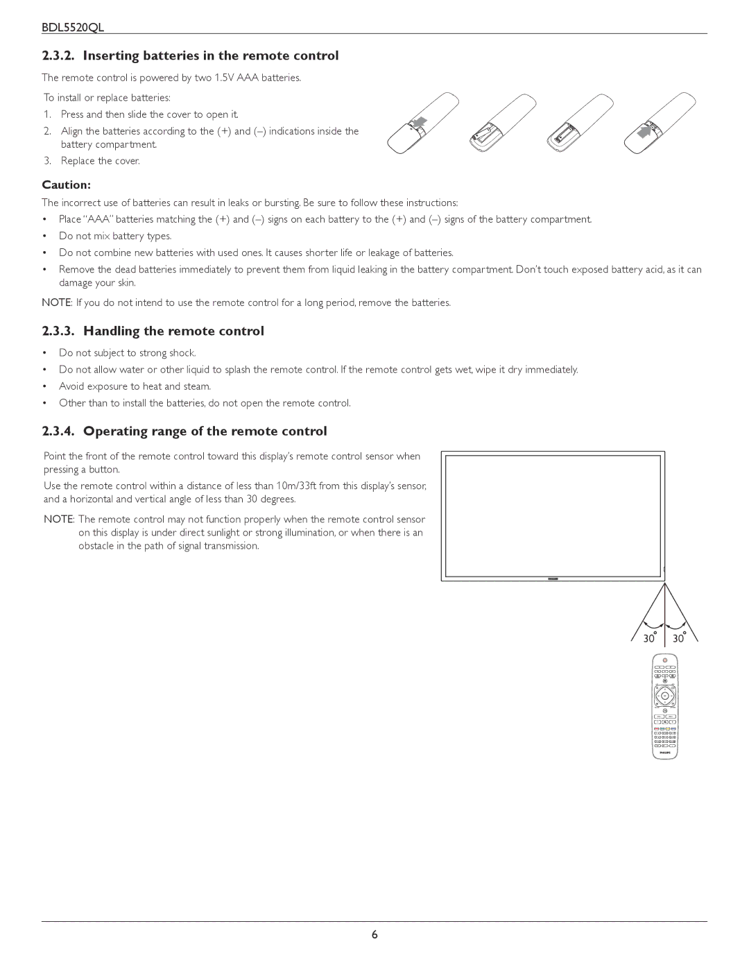 Philips BDL5520QL user manual Inserting batteries in the remote control, Handling the remote control 