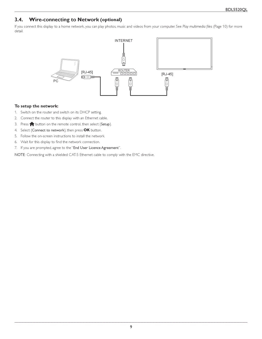 Philips BDL5520QL user manual Wire-connecting to Network optional, To setup the network 