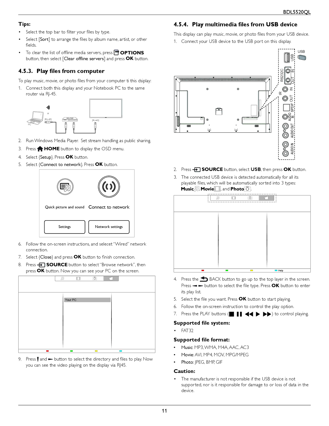 Philips BDL5520QL user manual Play files from computer, Play multimedia files from USB device, Tips, Supported file system 