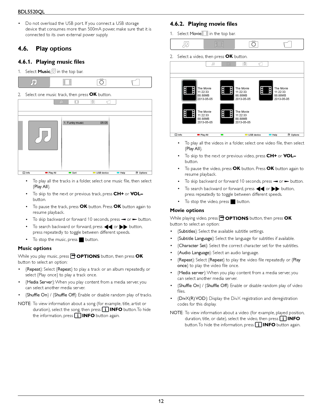 Philips BDL5520QL user manual Play options, Playing music files, Playing movie files, Music options, Movie options 