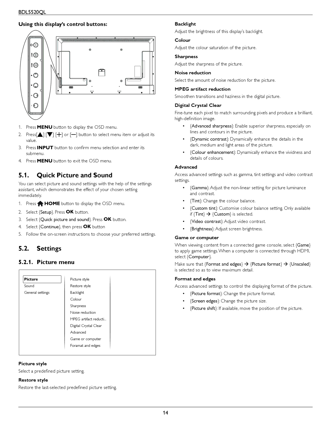 Philips BDL5520QL user manual Quick Picture and Sound, Settings, Picture menu, Using this display’s control buttons 