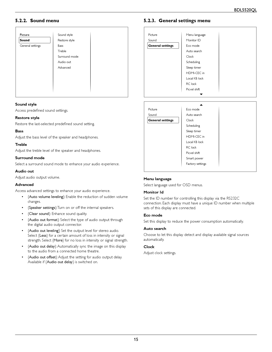 Philips BDL5520QL user manual Sound menu, General settings menu 