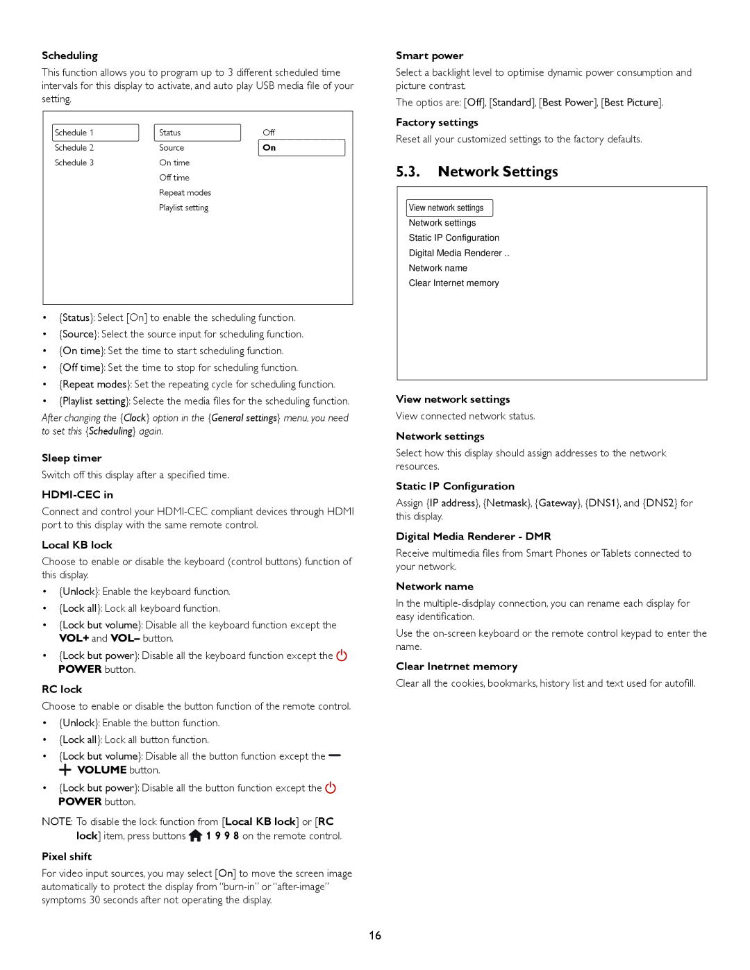 Philips BDL5520QL user manual Network Settings, Scheduling 