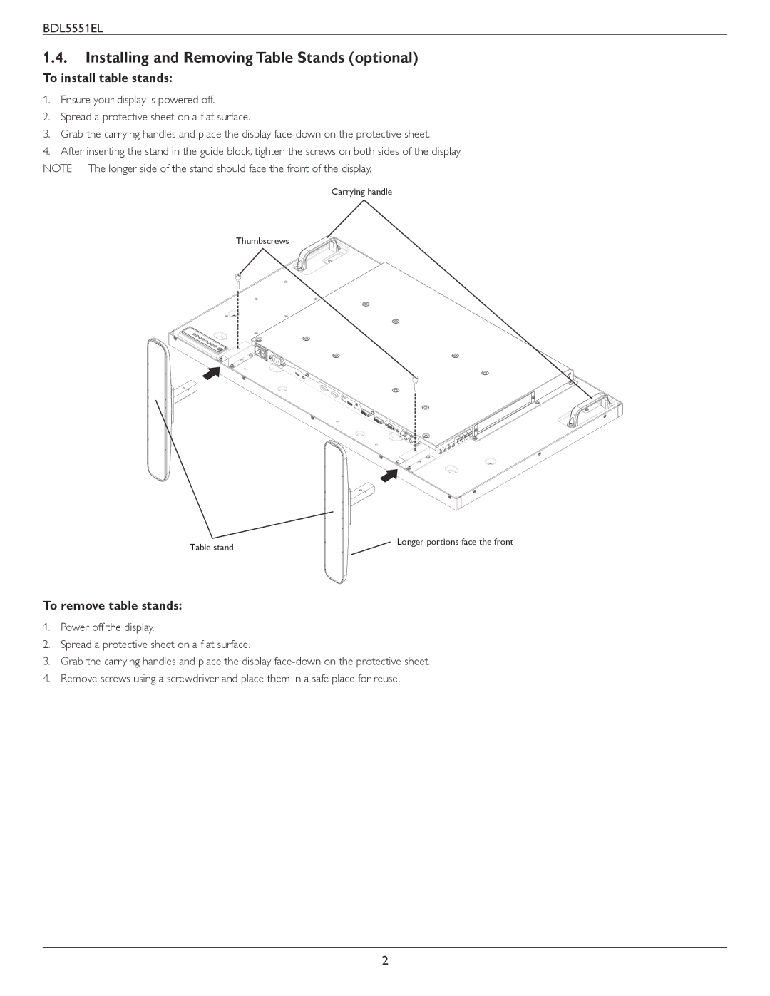 Philips BDL5551EL Installing and Removing Table Stands optional, To install table stands, To remove table stands 