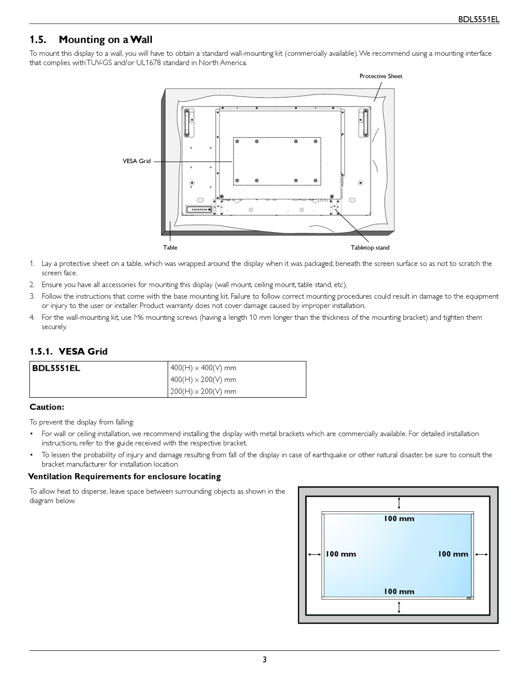 Philips BDL5551EL user manual Mounting on a Wall, Vesa Grid, Ventilation Requirements for enclosure locating 