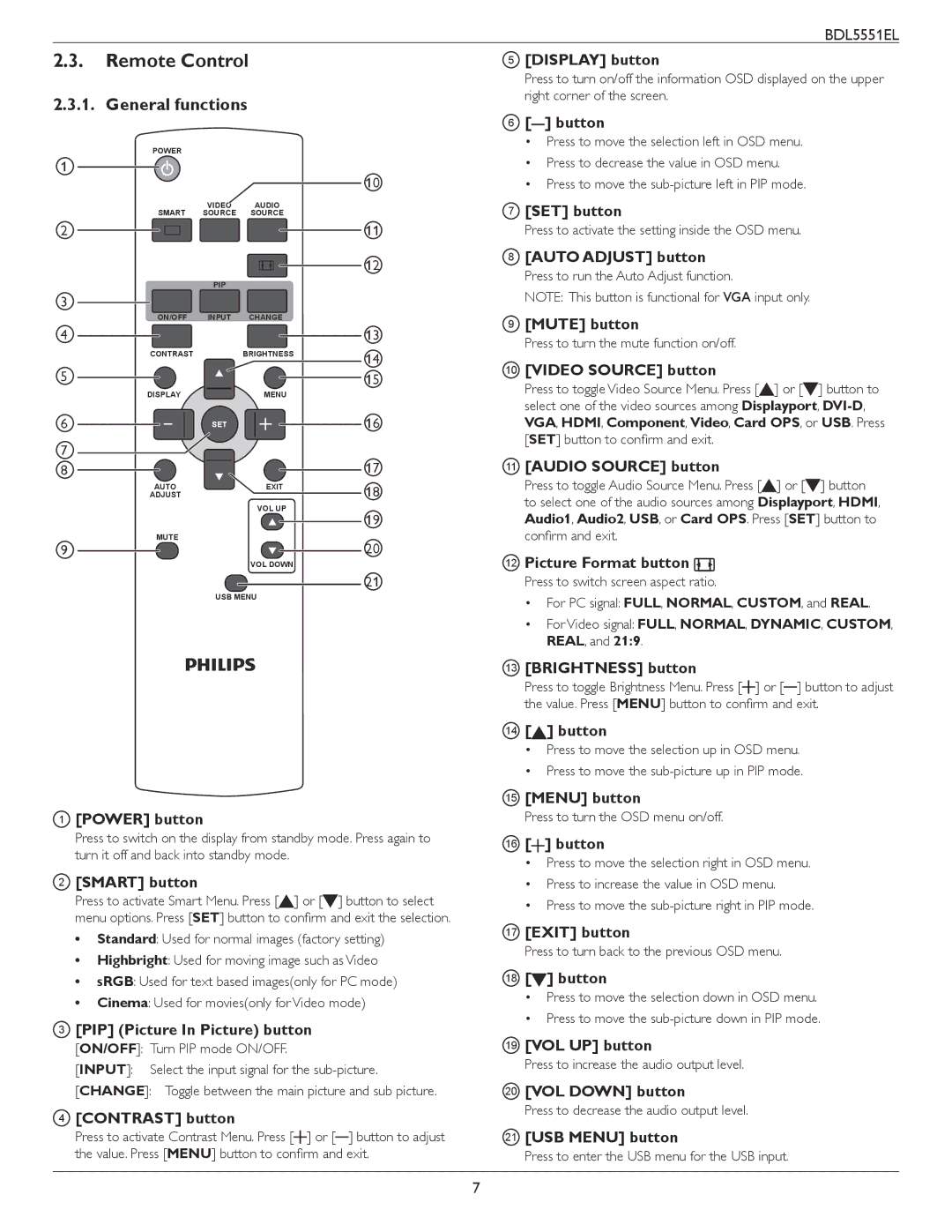 Philips BDL5551EL user manual Remote Control, General functions 