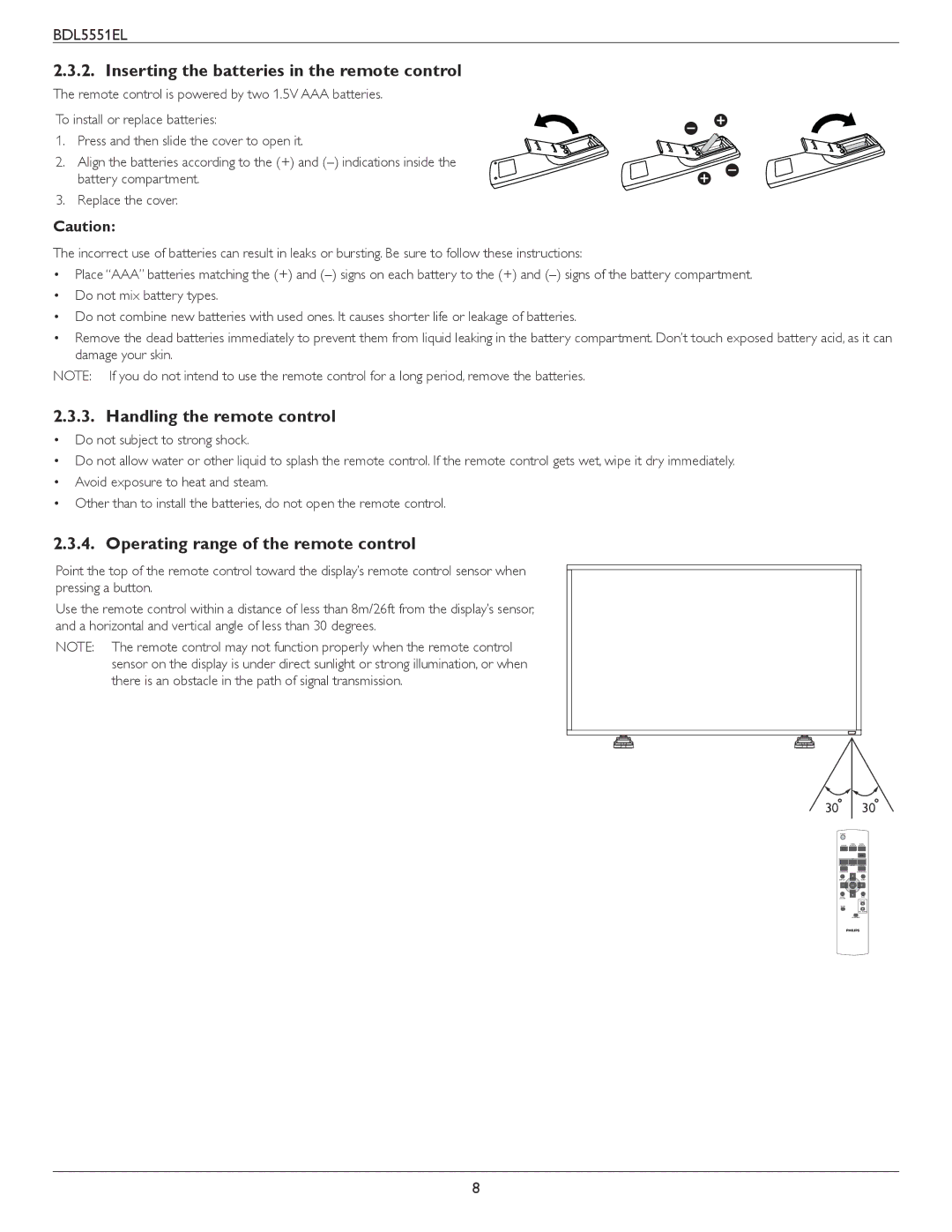 Philips BDL5551EL user manual Inserting the batteries in the remote control, Handling the remote control 