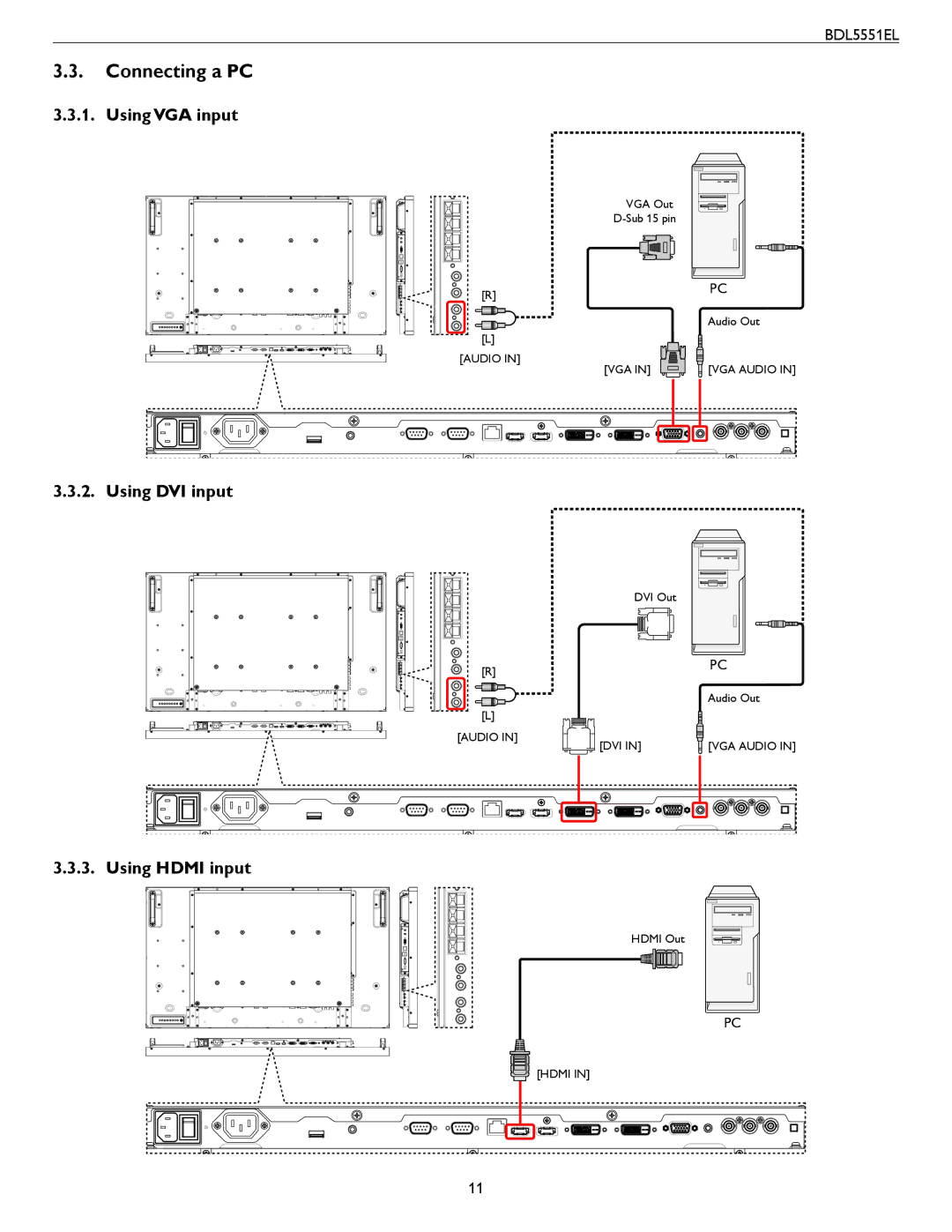 Philips BDL5551EL user manual Connecting a PC, Using VGA input, Using DVI input, Using Hdmi input 