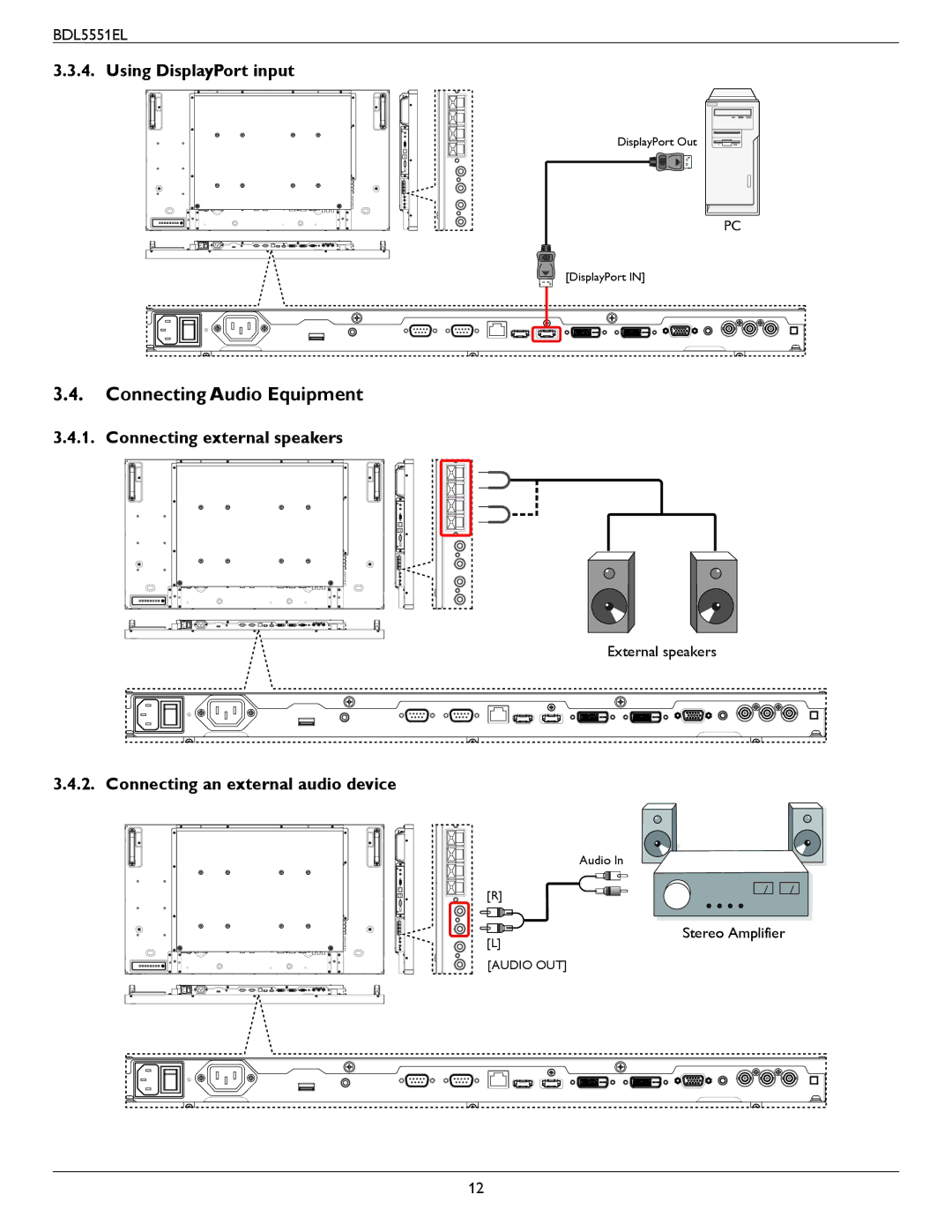 Philips BDL5551EL user manual Connecting Audio Equipment, Using DisplayPort input, Connecting external speakers 