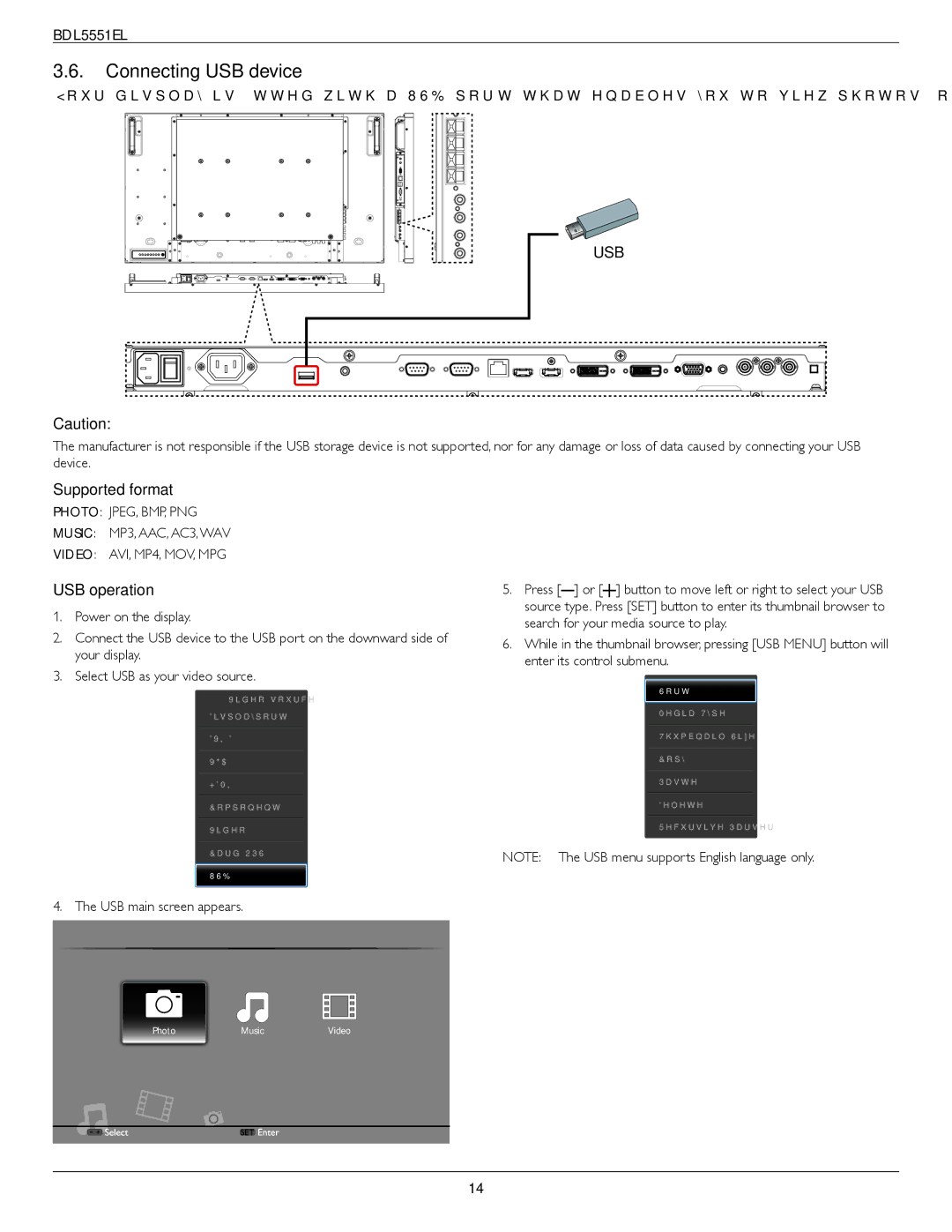 Philips BDL5551EL user manual Connecting USB device, Supported format, USB operation, USB main screen appears 