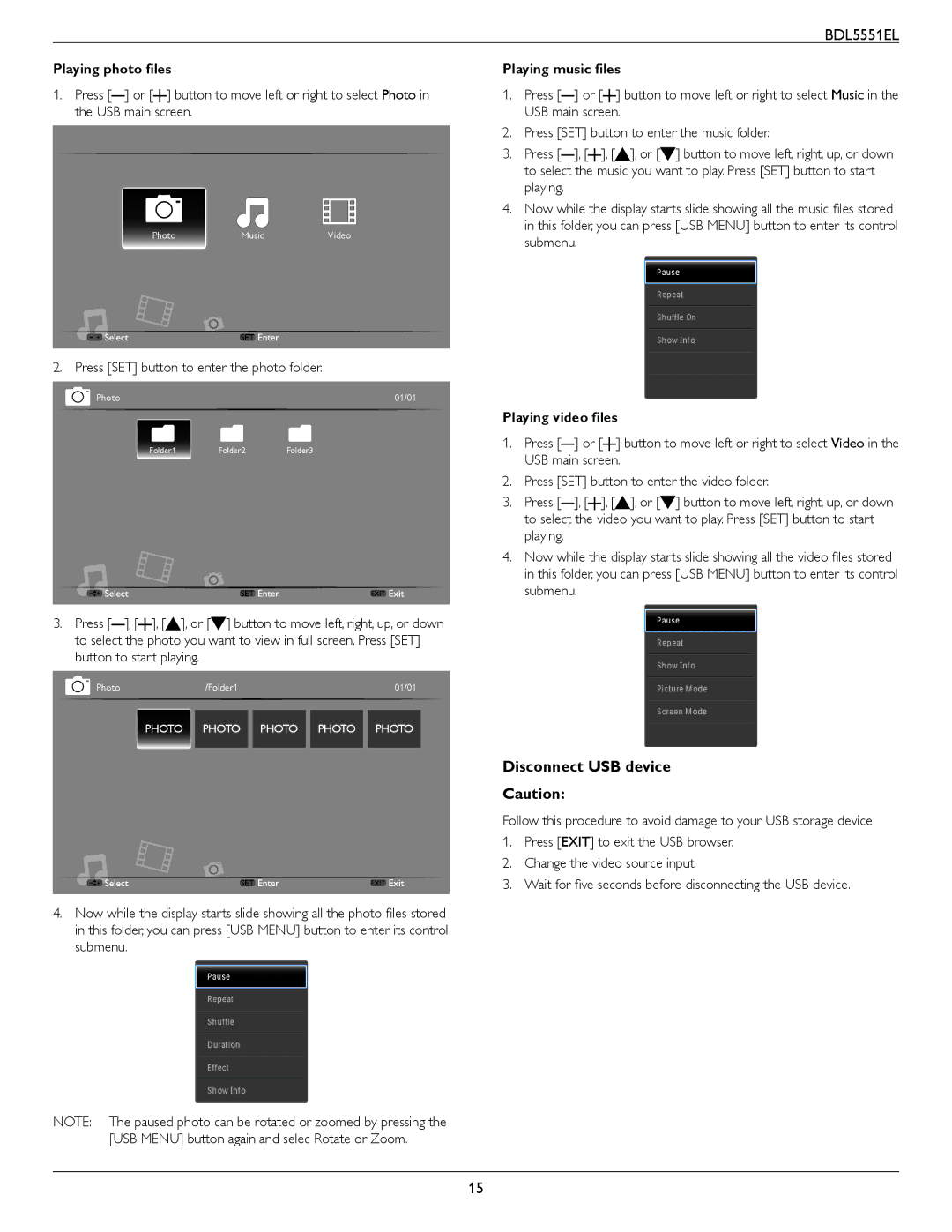 Philips BDL5551EL user manual Disconnect USB device, Playing photo files, Press SET button to enter the photo folder 