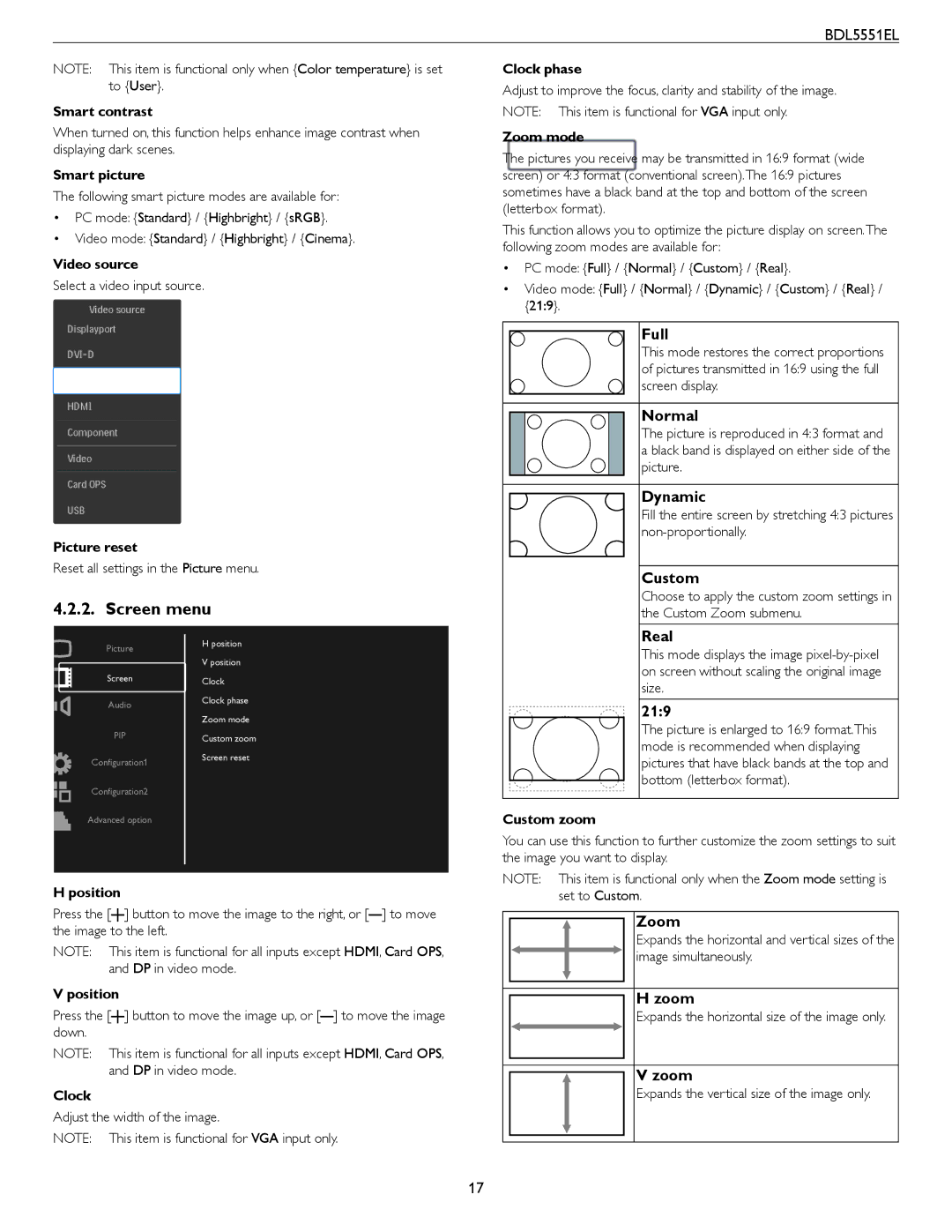 Philips BDL5551EL user manual Screen menu 