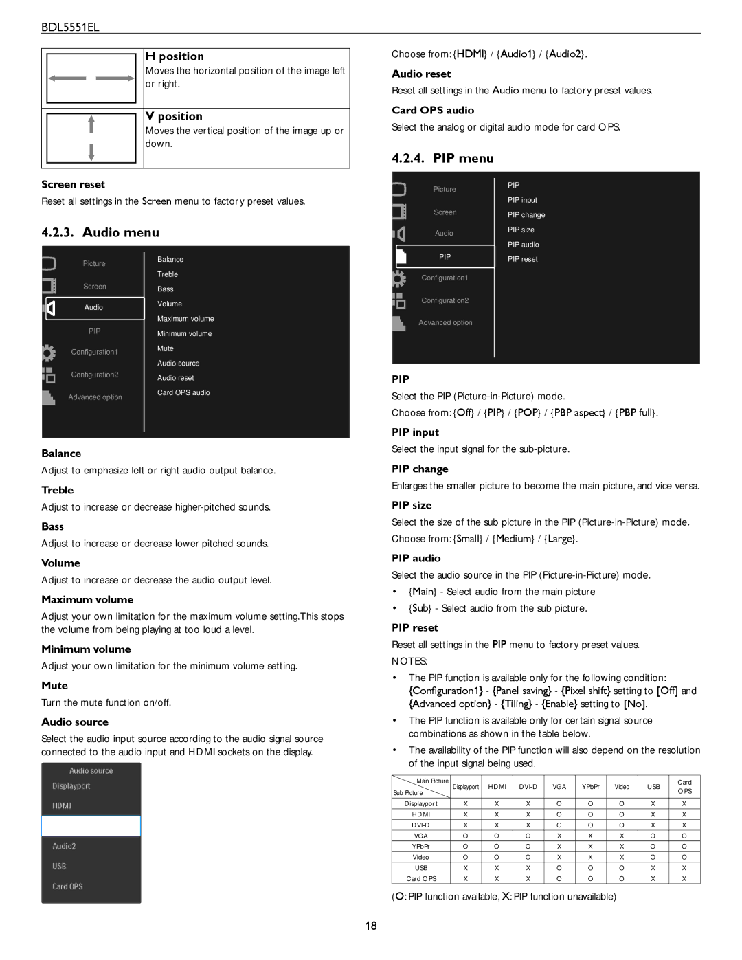 Philips BDL5551EL user manual PIP menu, Audio menu, Position 