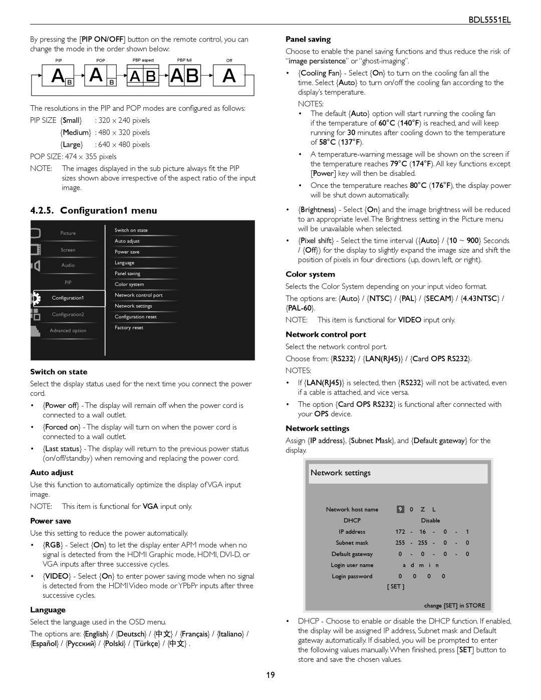 Philips BDL5551EL user manual Configuration1 menu 