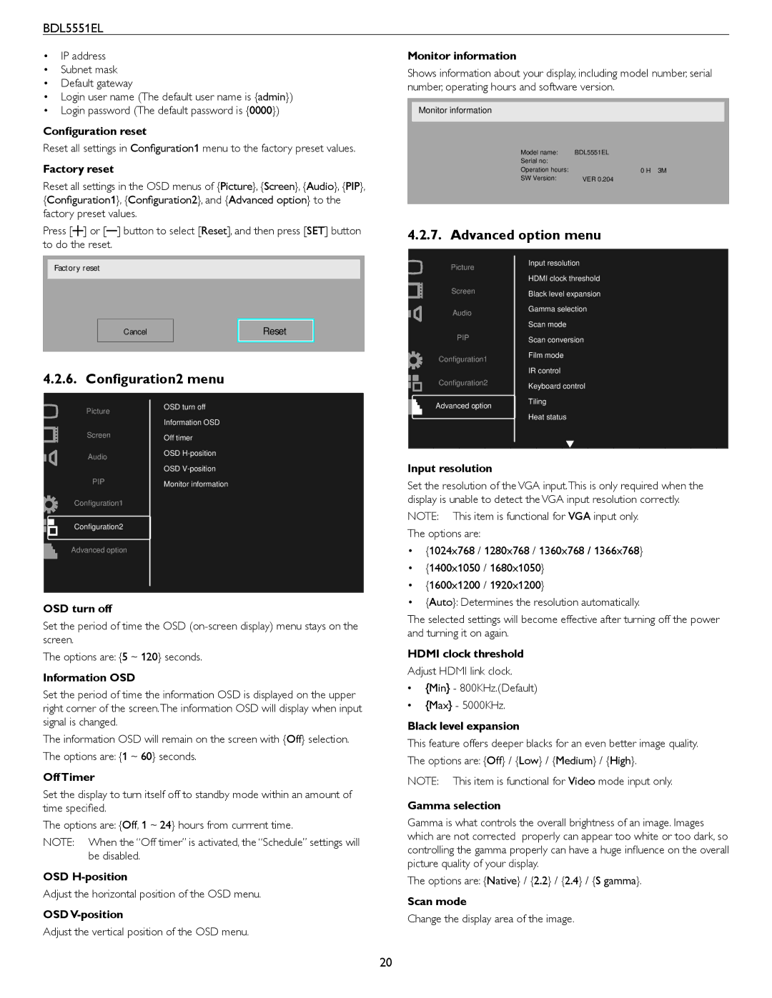 Philips BDL5551EL user manual Advanced option menu, Configuration2 menu 