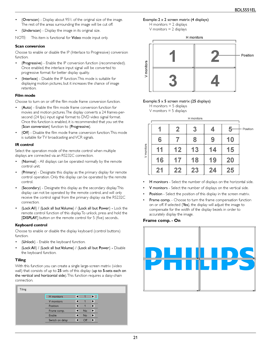 Philips BDL5551EL user manual Frame comp. On 