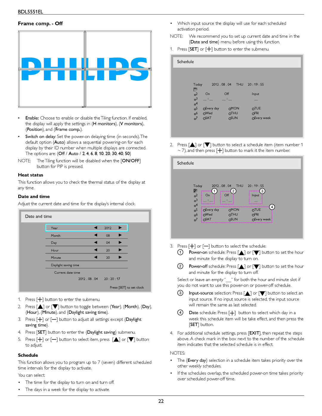 Philips BDL5551EL user manual Frame comp. Off, Heat status, Date and time, Schedule 