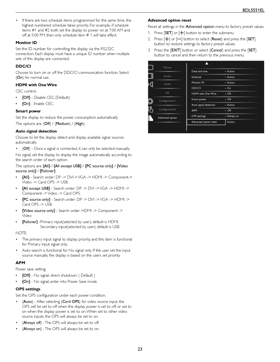 Philips BDL5551EL Monitor ID, Advanced option reset, Hdmi with One Wire, Smart power, Auto signal detection, OPS settings 