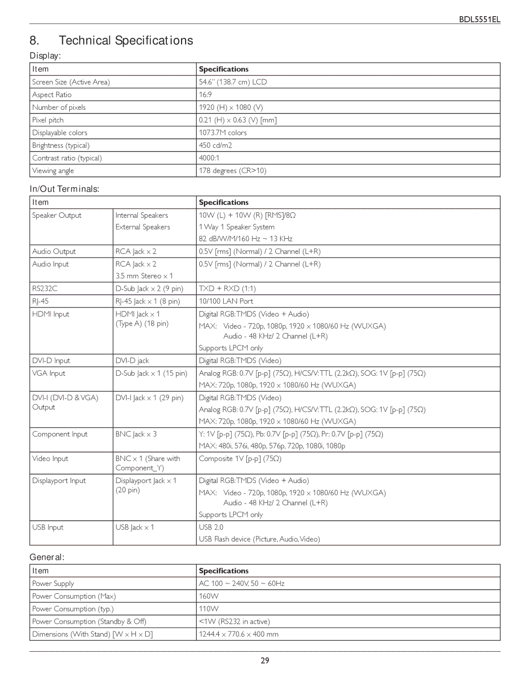 Philips BDL5551EL user manual Technical Specifications, Display, In/Out Terminals, General 