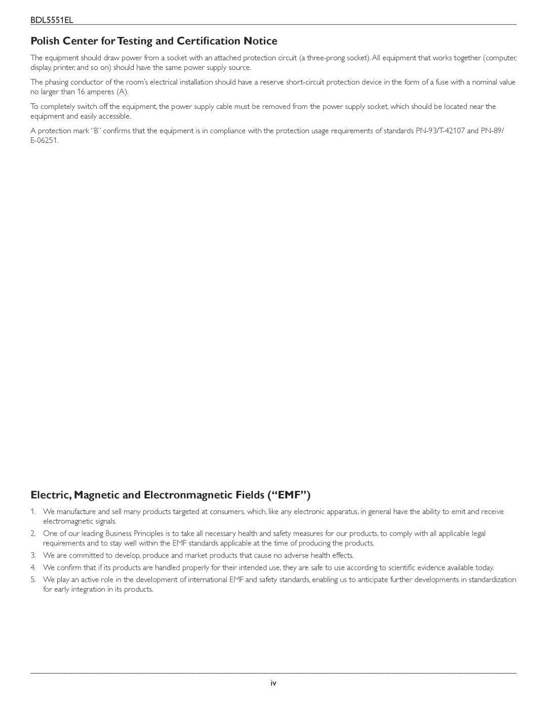 Philips BDL5551EL Polish Center for Testing and Certification Notice, Electric, Magnetic and Electronmagnetic Fields EMF 