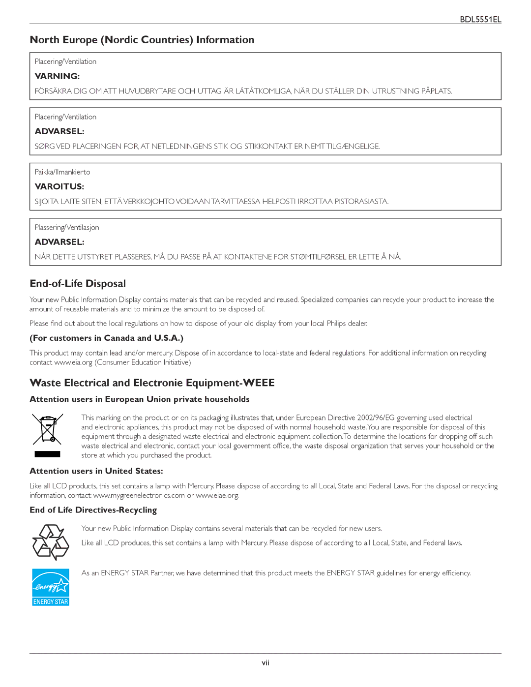 Philips BDL5551EL North Europe Nordic Countries Information, End-of-Life Disposal, For customers in Canada and U.S.A 