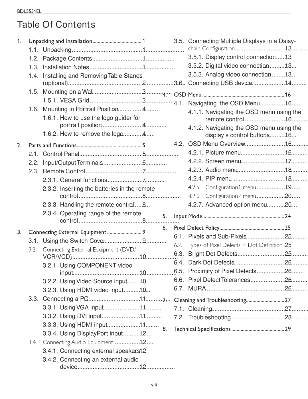 Philips BDL5551EL user manual Table Of Contents 