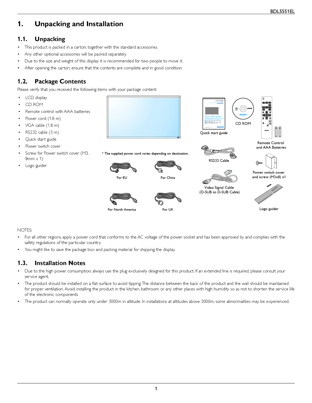 Philips BDL5551EL user manual Unpacking and Installation, Package Contents, Installation Notes 