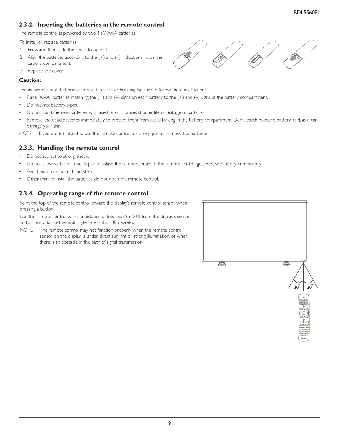 Philips BDL5560EL user manual Inserting the batteries in the remote control, Handling the remote control 