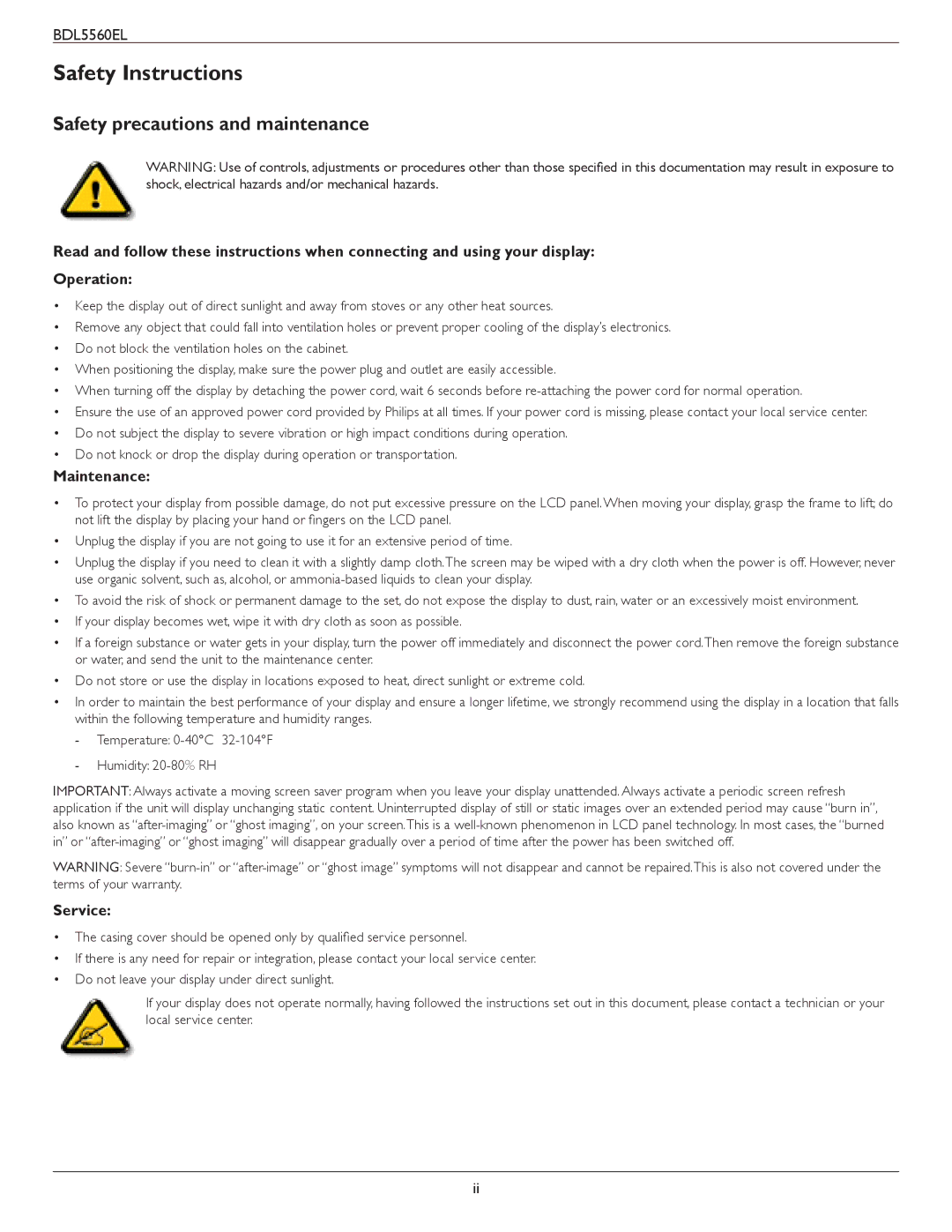 Philips BDL5560EL user manual Safety Instructions, Safety precautions and maintenance, Maintenance, Service 