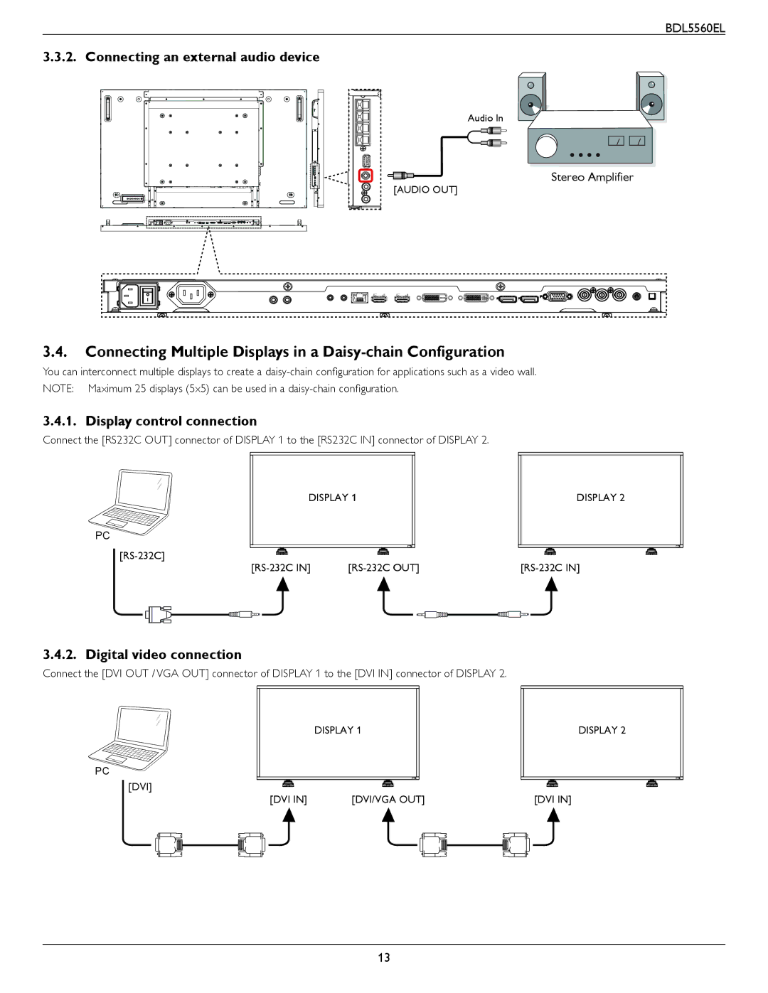 Philips BDL5560EL Connecting Multiple Displays in a Daisy-chain Configuration, Connecting an external audio device 