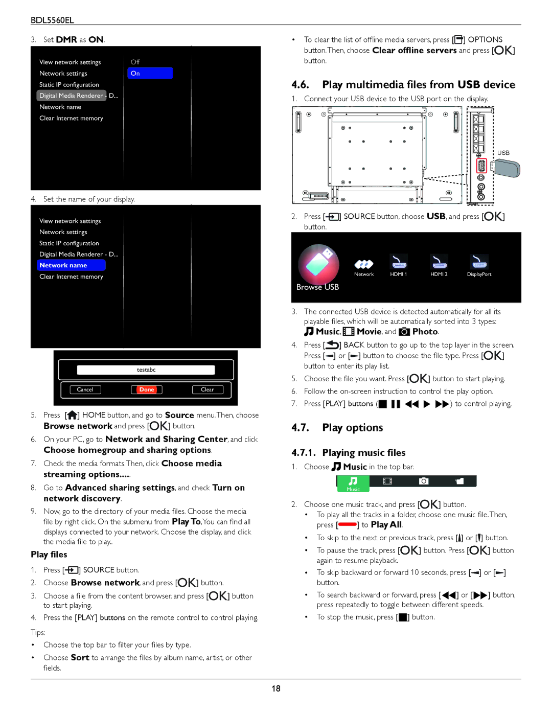 Philips BDL5560EL user manual Play multimedia files from USB device, Play options, Playing music files, Play files 