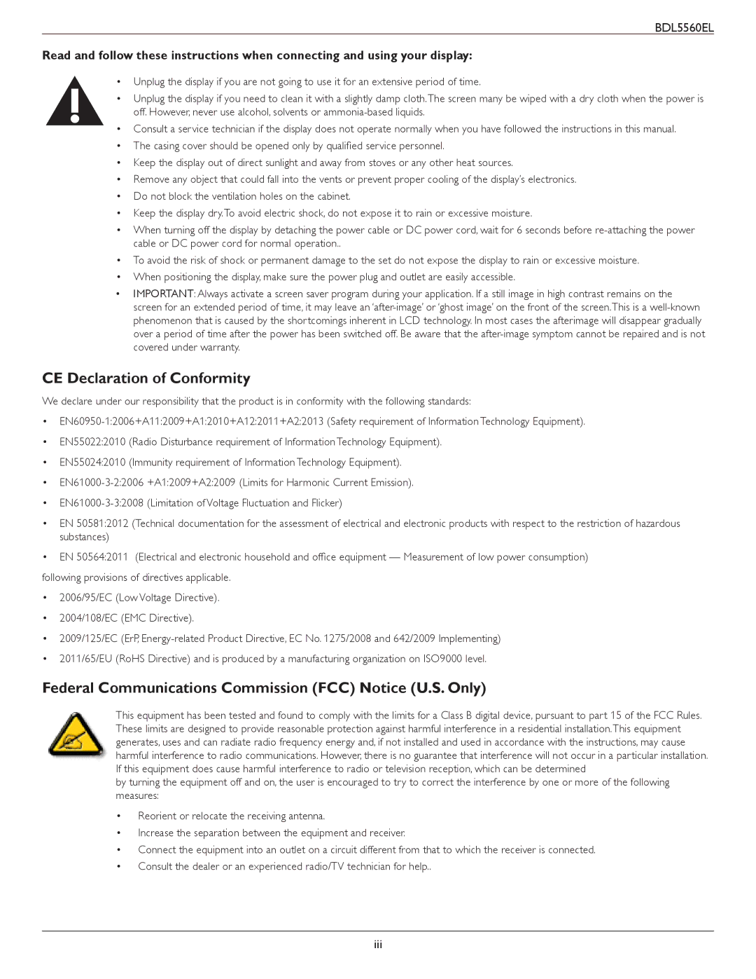 Philips BDL5560EL user manual CE Declaration of Conformity, Federal Communications Commission FCC Notice U.S. Only 