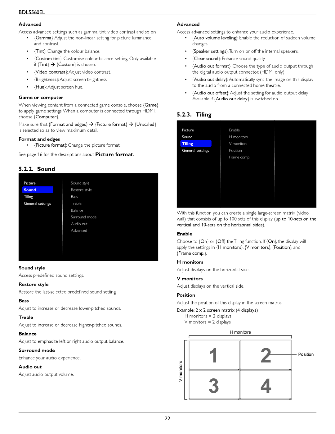 Philips BDL5560EL user manual Sound, Tiling 