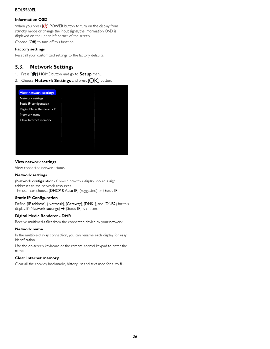 Philips BDL5560EL user manual Network Settings 