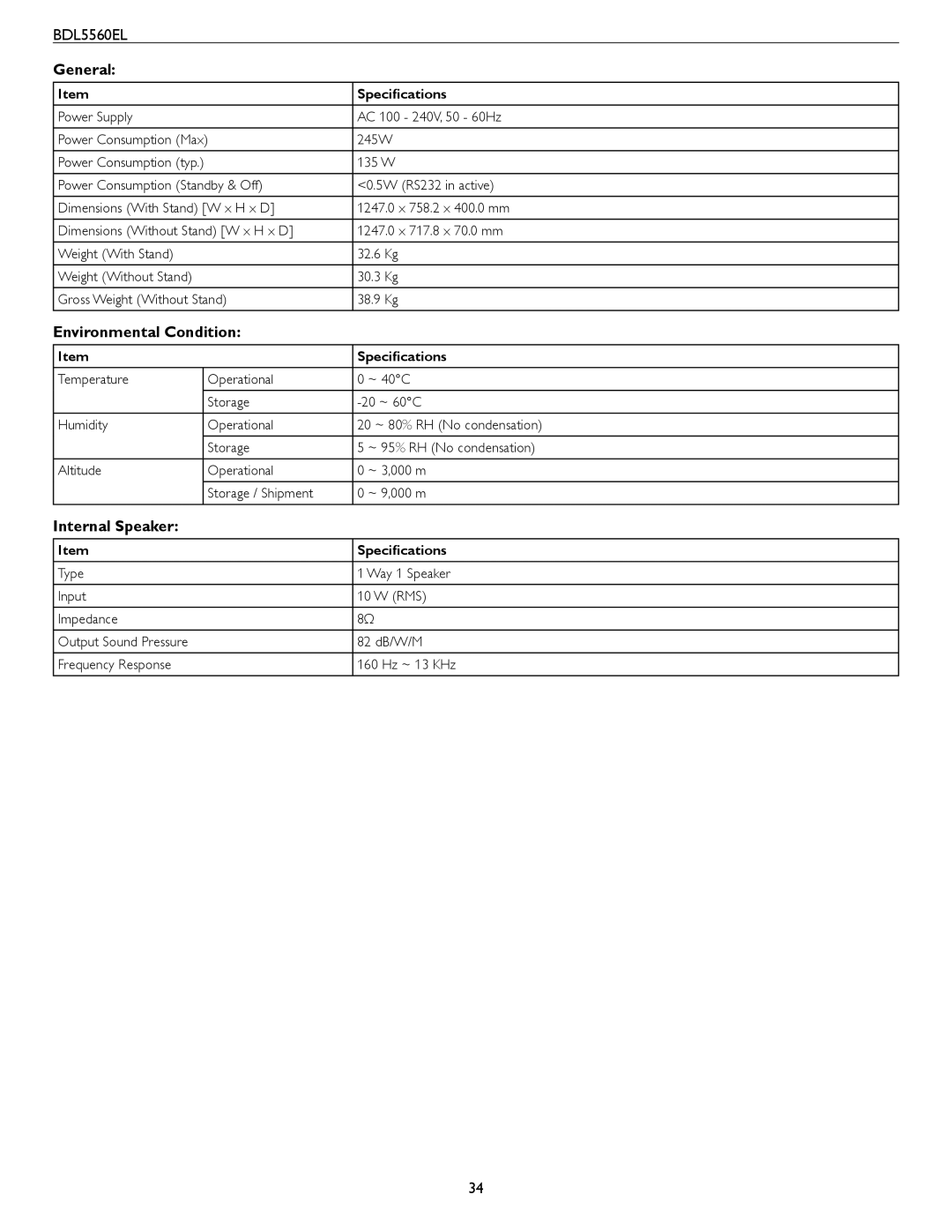 Philips BDL5560EL user manual General, Environmental Condition, Internal Speaker 