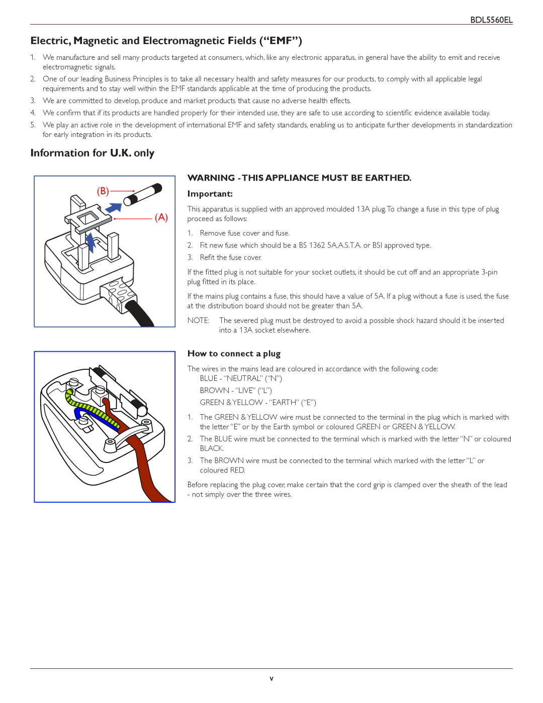 Philips BDL5560EL Electric, Magnetic and Electromagnetic Fields EMF, Information for U.K. only, How to connect a plug 