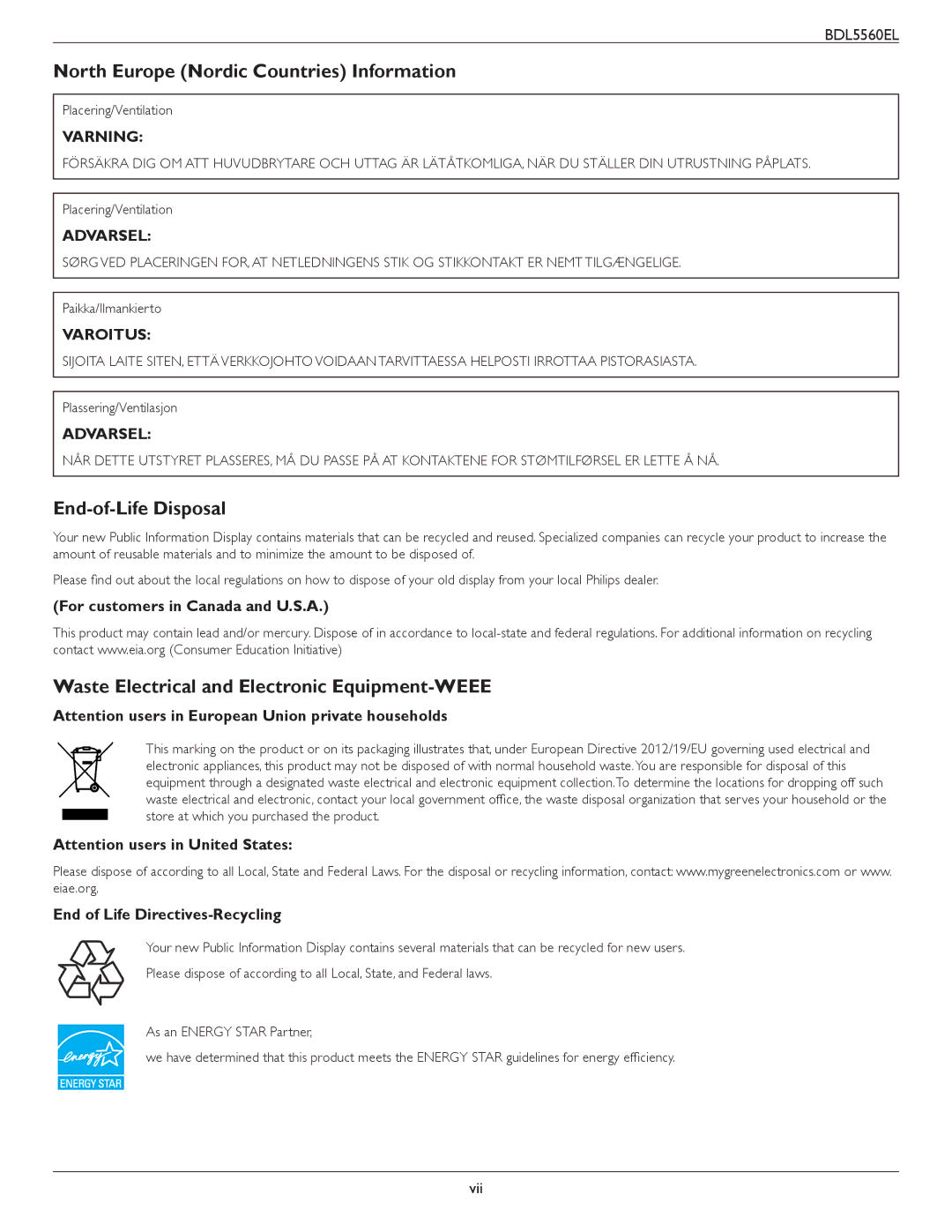 Philips BDL5560EL North Europe Nordic Countries Information, End-of-Life Disposal, For customers in Canada and U.S.A 