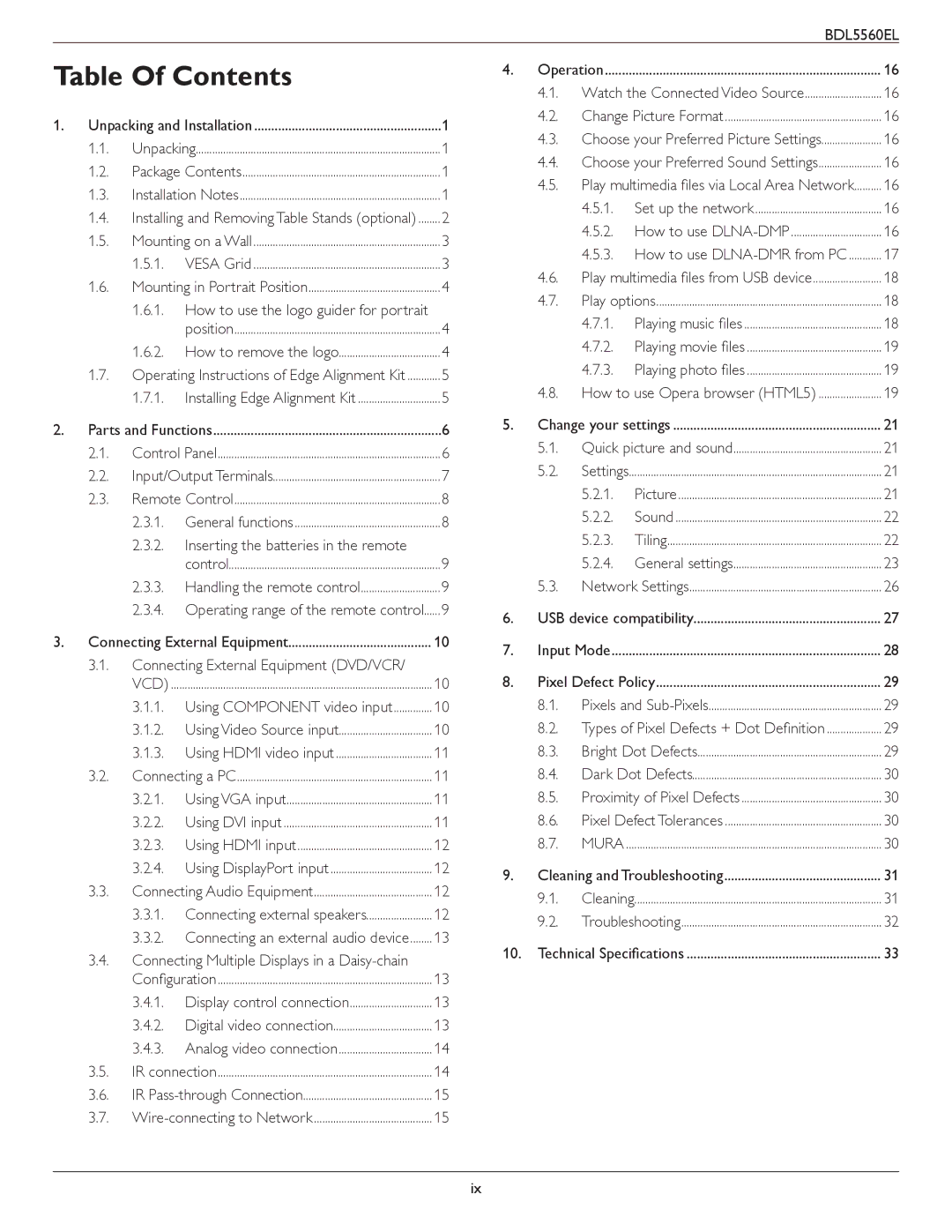 Philips BDL5560EL user manual Table Of Contents 