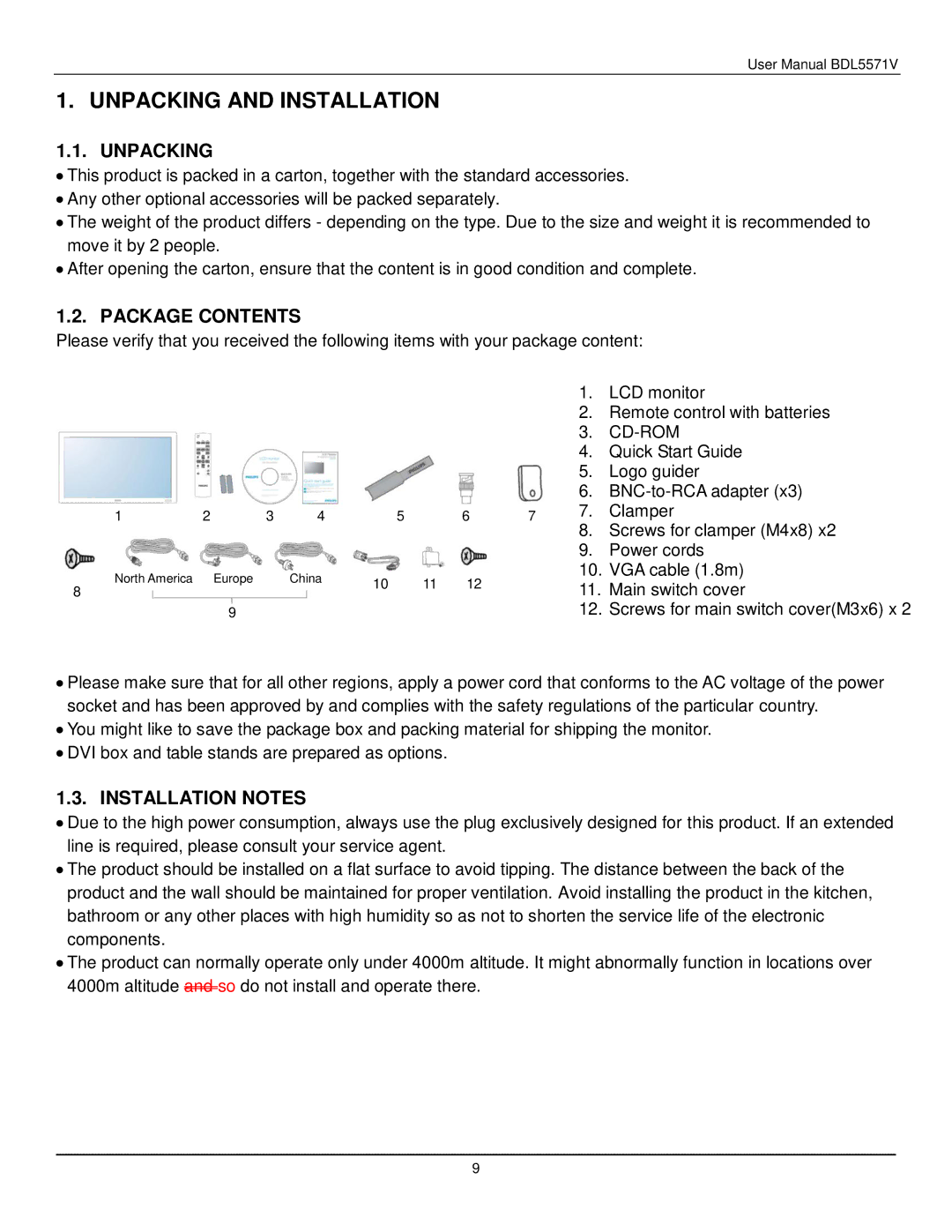 Philips BDL5571V user manual Unpacking and Installation, Package Contents, Installation Notes 