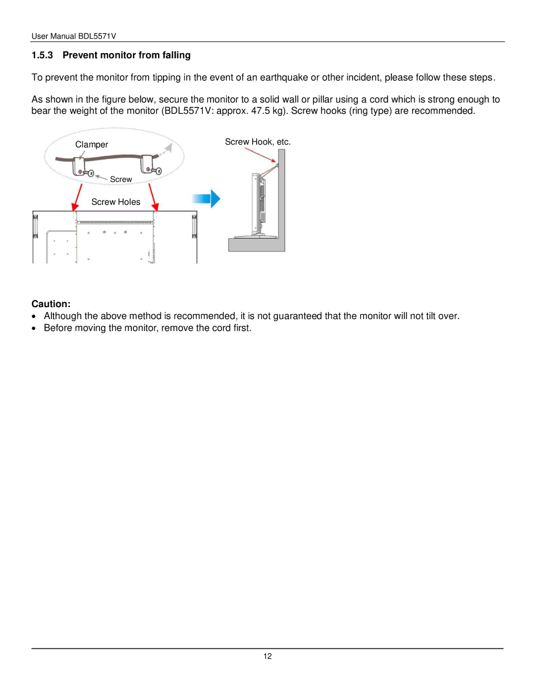 Philips BDL5571V user manual Prevent monitor from falling 