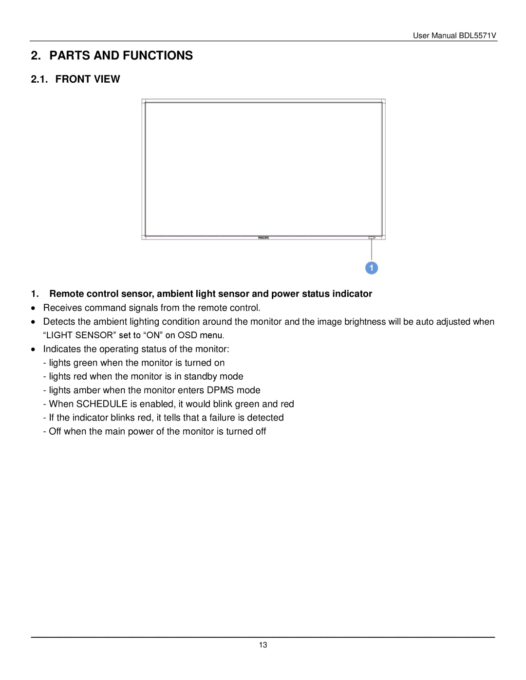 Philips BDL5571V user manual Parts and Functions, Front View 