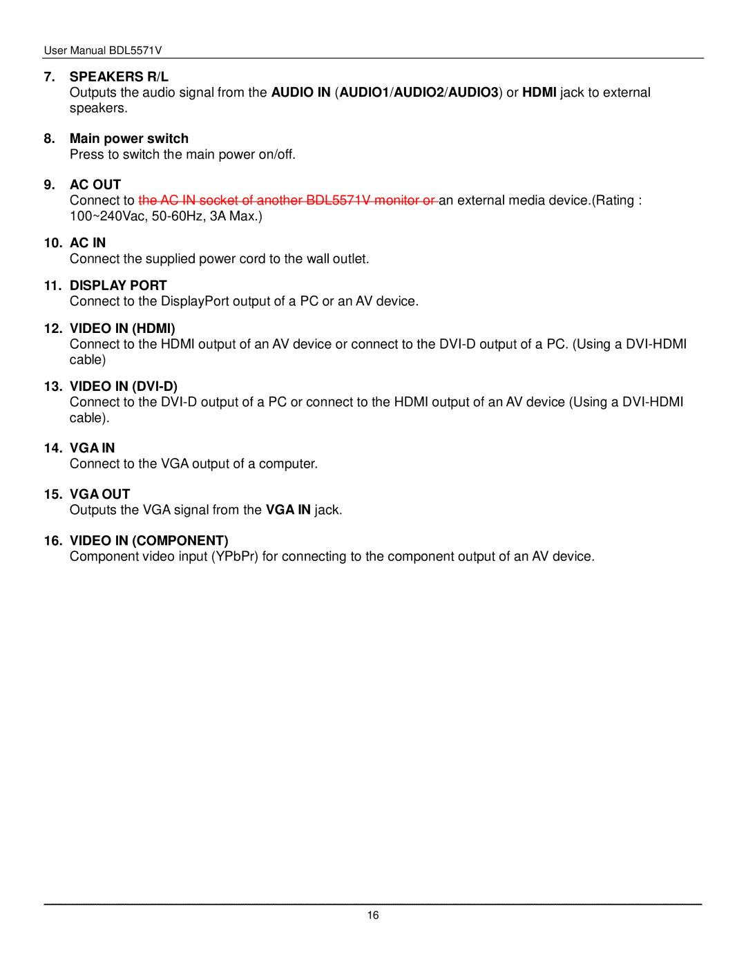 Philips BDL5571V user manual Speakers R/L, Ac Out, Display Port, Video in Hdmi, Video in DVI-D, Vga Out, Video in Component 