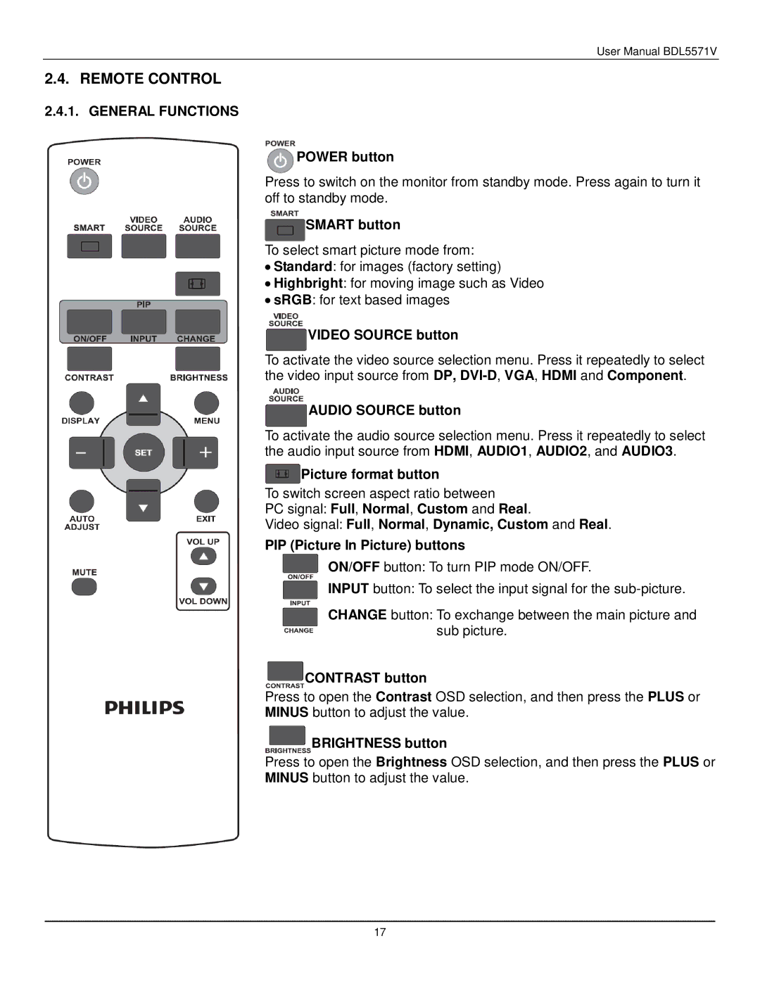 Philips BDL5571V user manual Remote Control, General Functions 