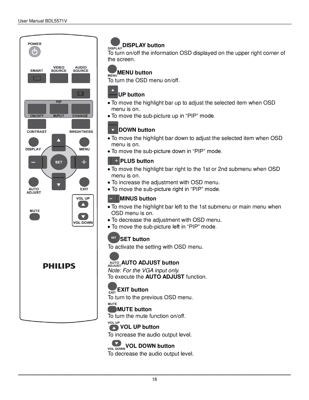 Philips BDL5571V Display button, UP button, Down button, Plus button, SET button, Auto Adjust button, Exit button 